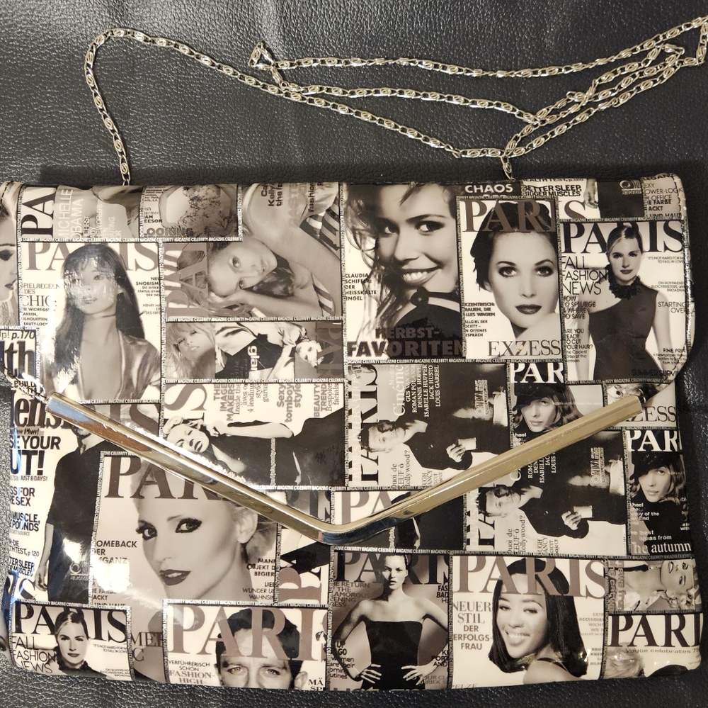 Nicole Miller Magazine Patent Leather Clutch Purse with Chain